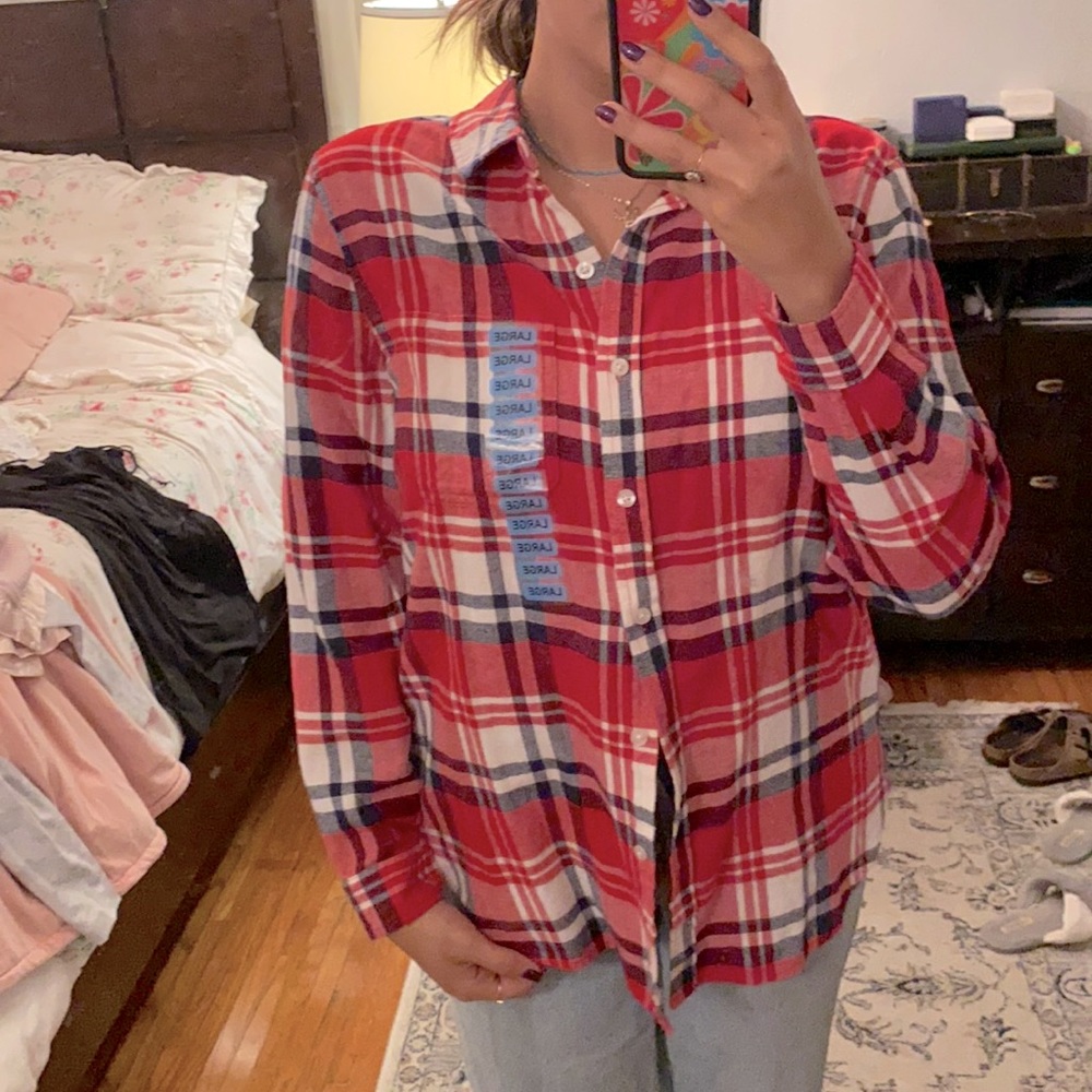 GAP red plaid boyfriend flannel size large